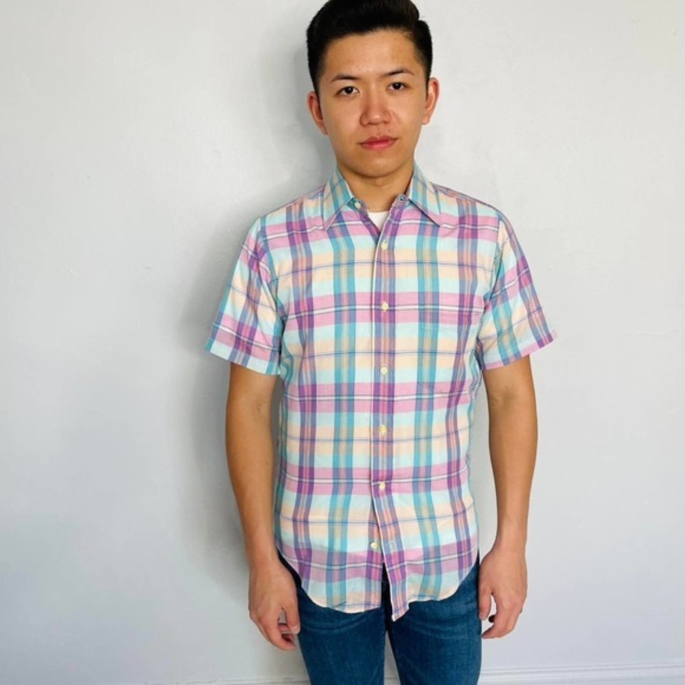 Vintage 80s Plaid‎ Short Sleeve Button Down